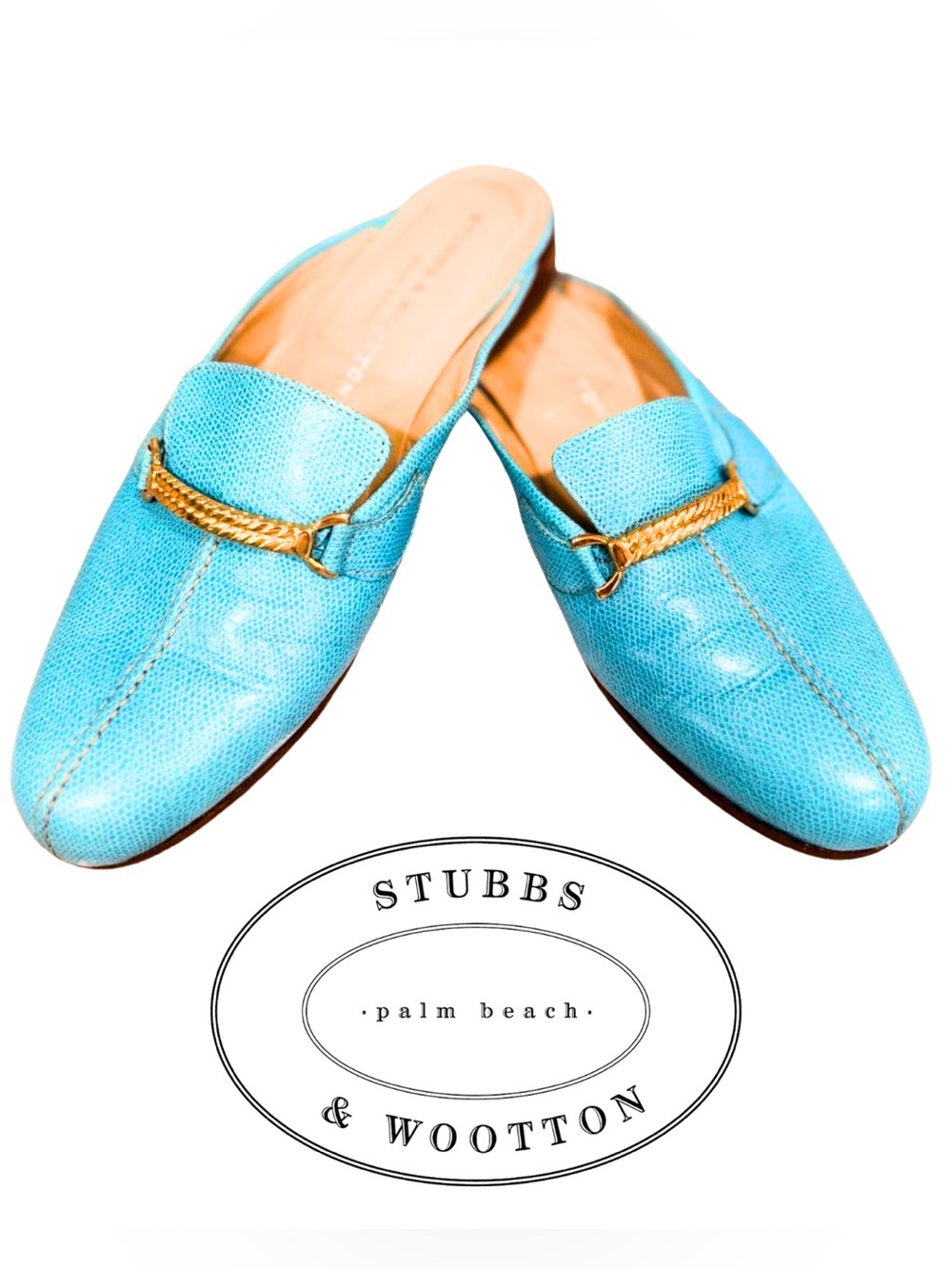 Stubbs & Wootton Turquoise Leather Slip-On Mules with Gold Braided Accent, 8.5